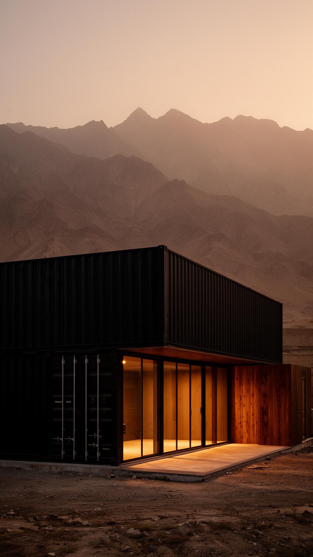 Container architecture at twilight in a Pakistani mountain landscape