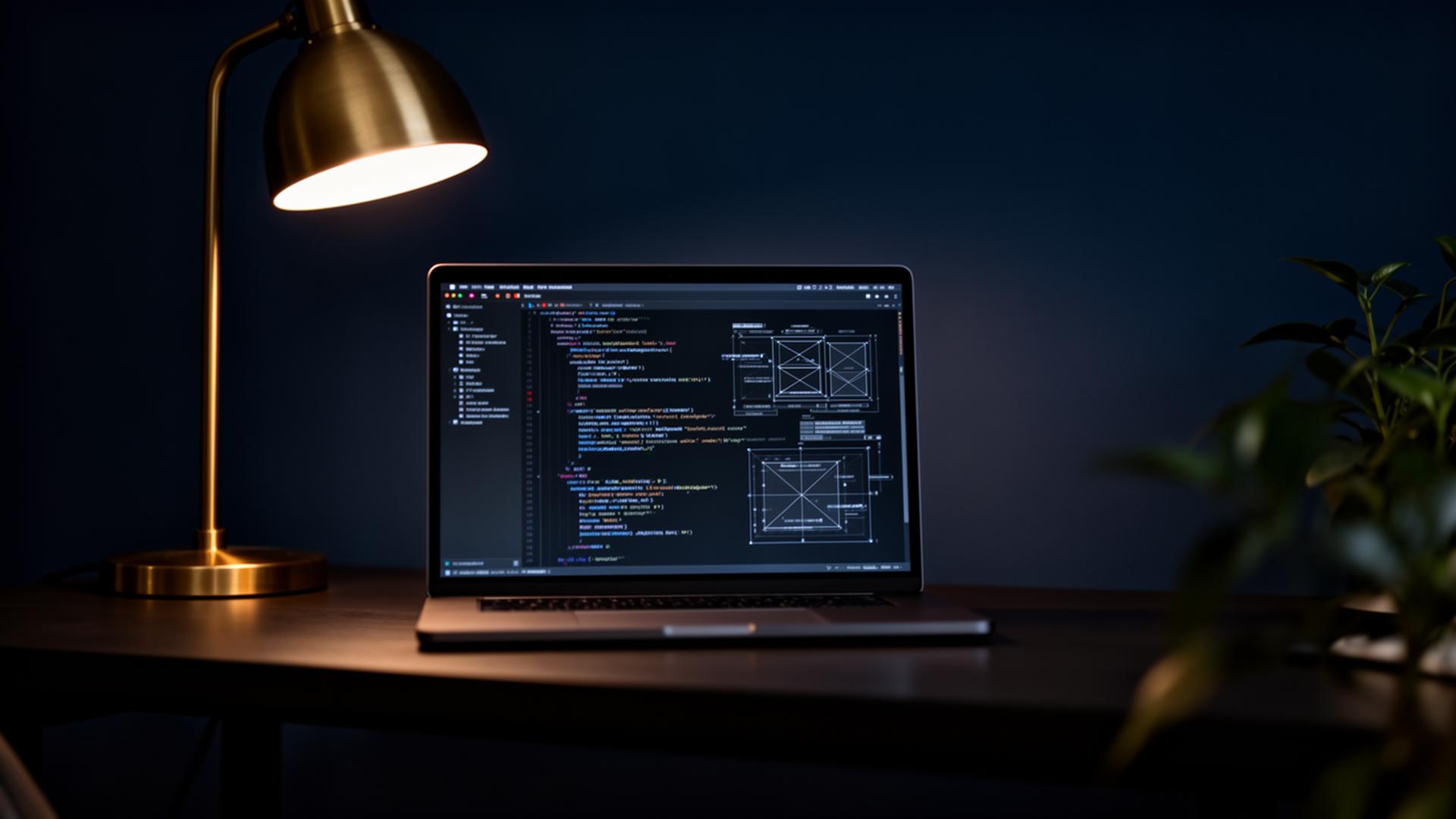 Dark moody workspace with brass desk lamp