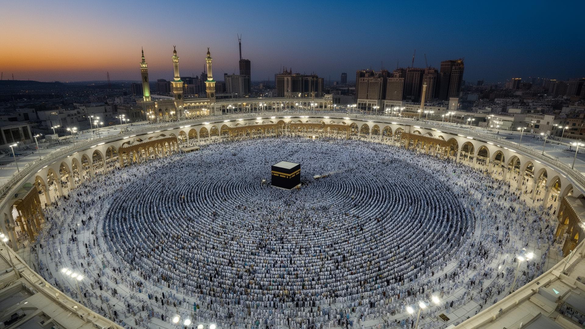 Wide aerial view of Masjid al Haram at blue hour